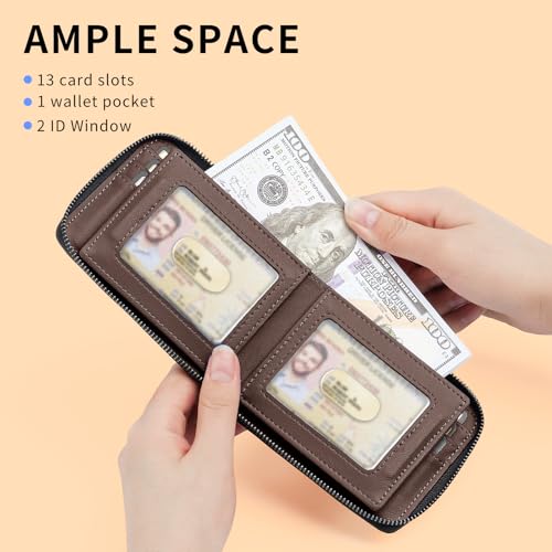 Men’s RFID Blocking Zipper Large Dimensions Wallet with 2 ID Windows - Large Capacity Design, 13 Credit Card Slots - color: Brown