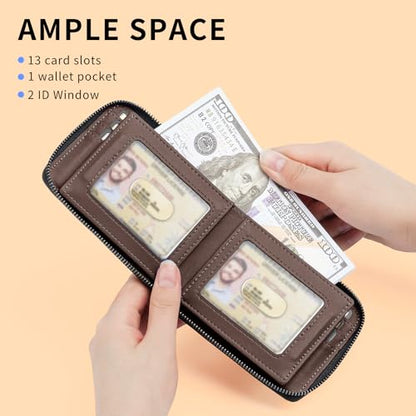 Men’s RFID Blocking Zipper Large Dimensions Wallet with 2 ID Windows - Large Capacity Design, 13 Credit Card Slots - color: Brown