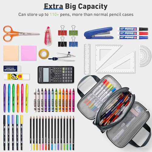 Zannaki Large Pencil Case, Big Capacity Pencil Pouch Pen Bag with 3 Compartment, Portable Canvas Stationery Organizer with Zipper, Cute Aesthetic School Supplies for Teen Girls Boys College,Gray - color: GRAY