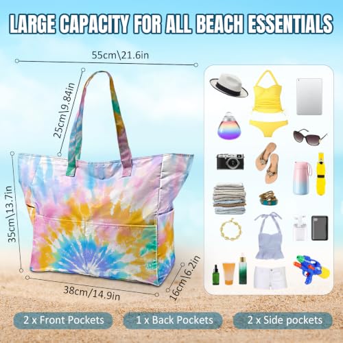 Large Beach Bag Waterproof Sandproof Beach Bags for Women Pool Tote Bags with Zipper Summer Swim Bag Foldable - color: Tie Dye