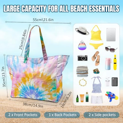 Large Beach Bag Waterproof Sandproof Beach Bags for Women Pool Tote Bags with Zipper Summer Swim Bag Foldable - color: Tie Dye