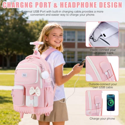 Bevalsa Rolling Backpack for Girls, Roller Backpack with Wheels | Cute Bow Wheeled School Bookbag Set with Lunch Bag & Pen Case, Suitcases for Kids Teens Elementary Middle Student - color: Pink Beige