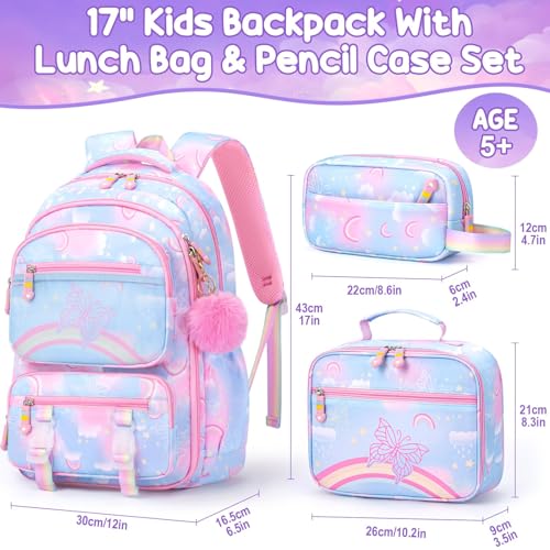 Fimibuke 3PCS Kids Backpack for School Girls with Lunch Box & Pencil Case - color: Blue Rainbow
