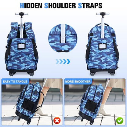 ACESAK 3PCS Camo Rolling Backpack for Boys with Lunch Box Pencil Case - color: Camo Blue