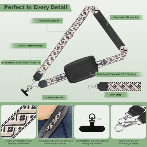 YFWE Clip and Go Strap for Phone with Wallet Crossbody, Adjustable Phone Lanyard with Detachable RFID Wristlet Wallet, Pattern Strap, Black (M) - color: Black-pattern Strap, size: Medium