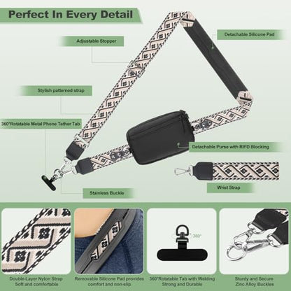 YFWE Clip and Go Strap for Phone with Wallet Crossbody, Adjustable Phone Lanyard with Detachable RFID Wristlet Wallet, Pattern Strap, Black (M) - color: Black-pattern Strap, size: Medium