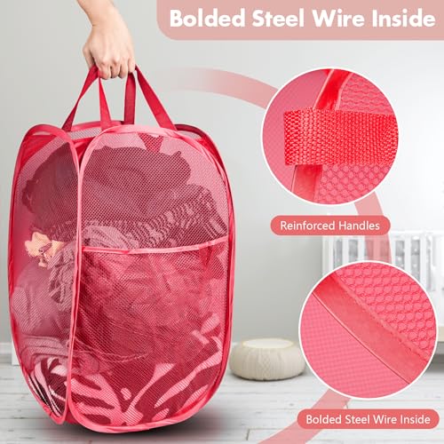 Pop Up Laundry Hamper, 70 L Collapsible Mesh Basket with Side Pocket, Red - color: 1 PCS Red
