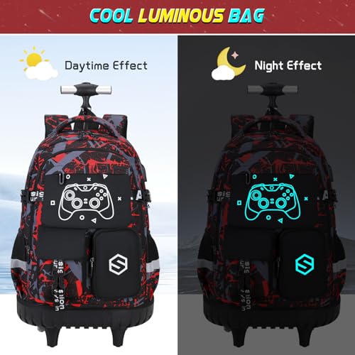 Scothen Cool Luminous Rolling Backpack for Boys with Lunch Bag Pencil Pouch - color: Red