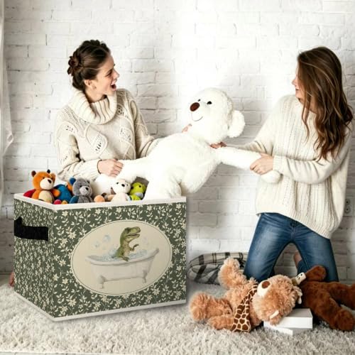 Green Floral Dinosaur Bathroom Storage Bins Box Collapsible Basket - color: Color35