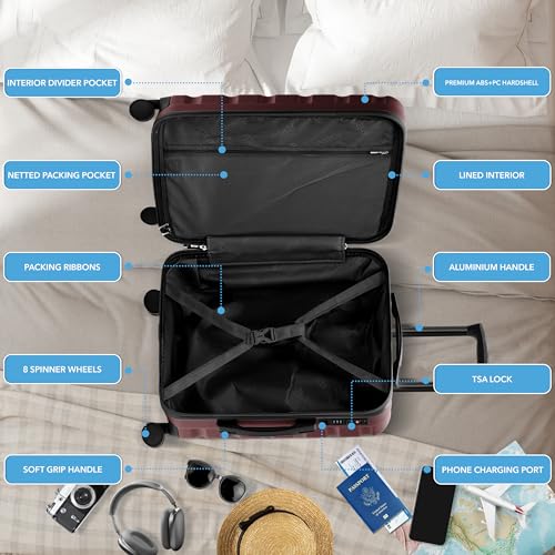 Flight Knight 24x16x10 Expandable Carry On Suitcase Hardside TSA Lock USB C Lightweight Luggage Silent Double Spinner Wheels Maximum Overhead Carry-On Bag For Virgin South West Approved Burgundy - color: Burgundy, size: 24x16x10"
