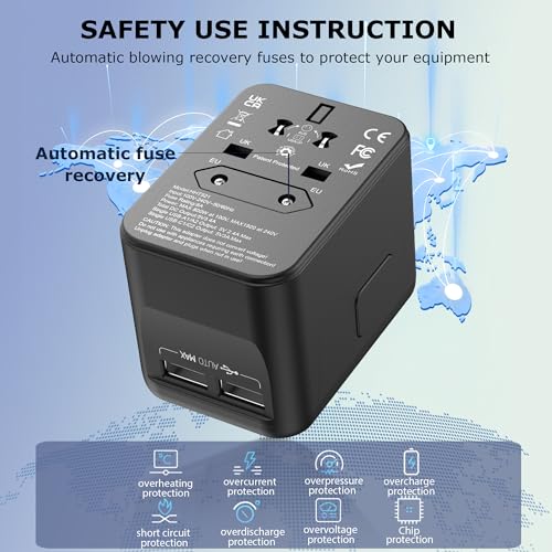 Universal Travel Adapter, International Power Plug with 2 USB-C & 2 USB-A Ports, Worldwide Wall Charger for Europe, UK, US, AU, Fast Charging for iPhone 15/Pro, Samsung (Black)