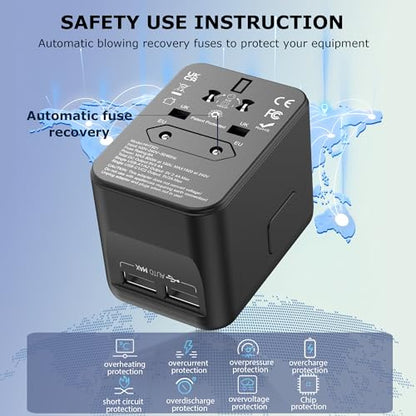 Universal Travel Adapter, International Power Plug with 2 USB-C & 2 USB-A Ports, Worldwide Wall Charger for Europe, UK, US, AU, Fast Charging for iPhone 15/Pro, Samsung (Black)