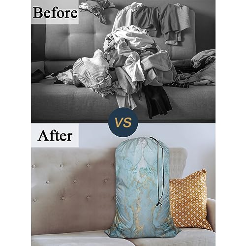 Swono Marble Stone Laundry Bag with Drawstring Closure, Foldable, Compact, Lightweight, 28" X 40" Blue Golden Liquid Lines Packable Dirty Clothes Pouch for College Dorm, Camp, Road Trip, Cruise or Gym - color: Marble Stone