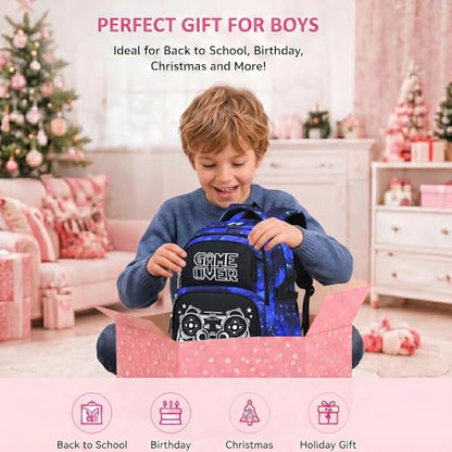 Boys Backpack Set 3PCS Ages 6-12, Kids School Backpack - color: Gamer Starry Blue