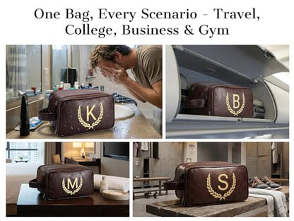 OXYEFEI Personalized Gifts for Men, Personalized Large Toiletry Bag for Men,Custom PU Leather Waterproof Mens Toiletry Travel with Initial Essential Dopp Kit Shaving Bag (E, Tea Brown) - color: Tea Brown, style: E