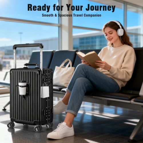 Xtaeptos 20 Inch Wide Handle Carry on Luggage with Cup Holder, Hardside - color: All Black