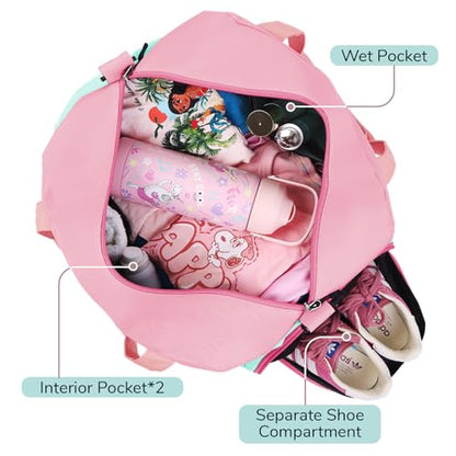 Initial Kids Duffle Bag for Boys or Girls, Kids Overnight Bag with Shoe Compartment, Personalized Weekender bags, Birthday Gifts for Women Boys Girls(Pink Green-Letter E) - color: Pink Green, style: E