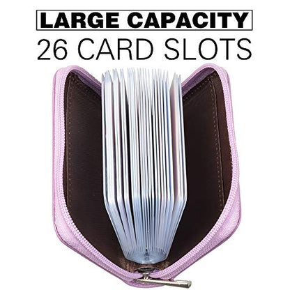 Easyoulife Genuine Leather Credit Card Holder Zipper Wallet With 26 Card Slots - color: Light Purple, size: small