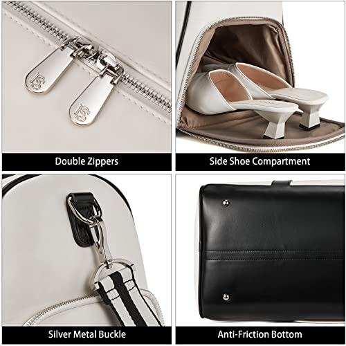 BOSTANTEN Weekender Bags for Women Leather Duffle Large Travel Bag Carry On Duffel with Shoe Compartment - color: White & Black