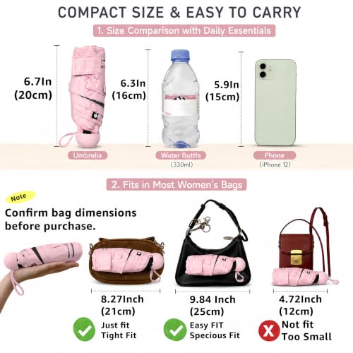 BAODINI Mini Travel Umbrella with UV Sun Protection, Compact Pocket-Size - color: D-1-Pink