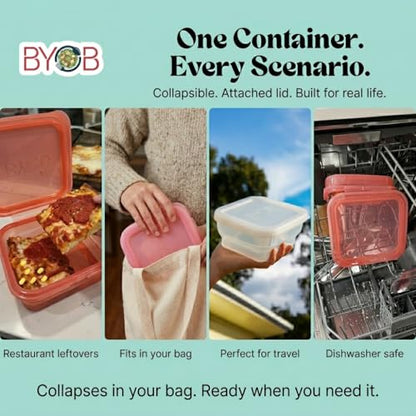 BYOB Collapsible Silicone Food Containers with Attached Lids – Reusable To-Go & Leftover Containers, Platinum Silicone, Leak-Resistant – 4 Pack (White/Pink) - color: White/Pink 4-Pack