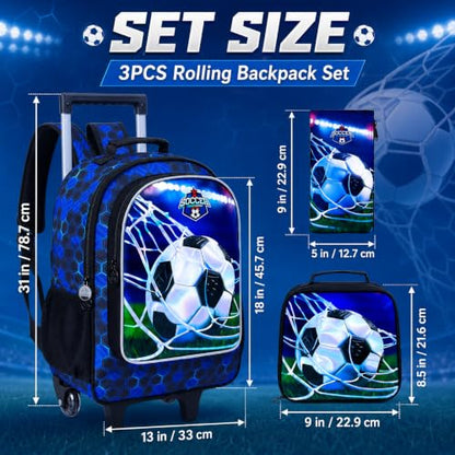 gxtvo Kids Rolling Backpack, Roller Wheels Boys Bookbag, Wheeled Suitcase Elementary School Bag-3PCS Dinosaur/Unicorn/Mermaid - color: Uv Printing Green Soccer Rolling Backpack