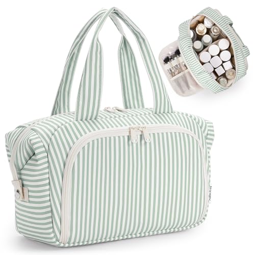 Narwey Travel Toiletry Bag for Women, Large Makeup Cosmetic Organizer Bag - color: Y-Mint Green Stripe