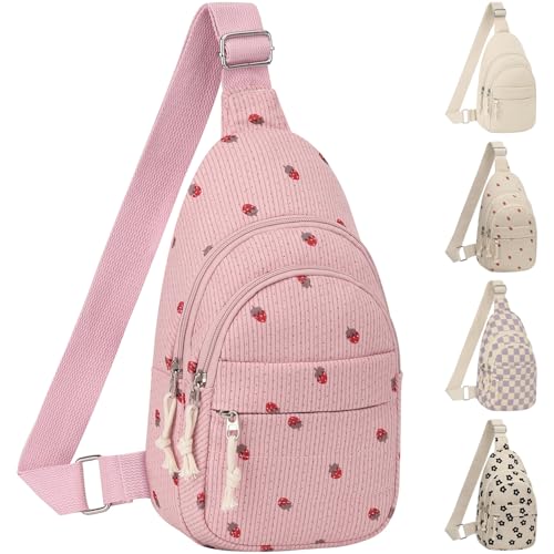 ELONGRIVER Corduroy Small Crossbody Bags for Women Teen Girls Trendy | Cute Sling Bag, Functional Cross Body Purses for Travel Hiking, Pink Strawberry Purse - color: Pink Strawberry