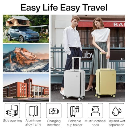 mixi Carry On Luggage with Cup Phone Holder and Charger Hard Shell Suitcases with Spinner Wheels,20 Inch Lark Yellow - color: Lark yellow, size: 20-inch