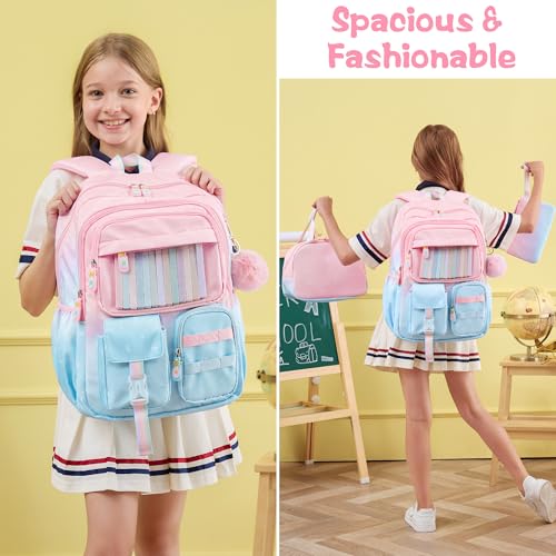Fimibuke Backpacks for Girls, 3 PCS Gradient Kids Bookbag Set for School - color: purple pink