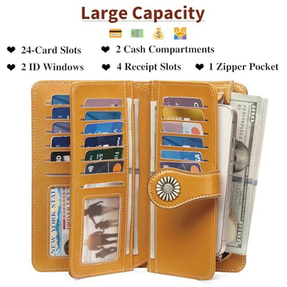 SENDEFN Wallets for Women Leather Credit Card Holder with RFID Blocking Large Capacity Wristlet - color: 1-Wax-Yellow