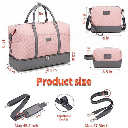 Weekender Bag, Large Travel Duffel Bag for Women, Carry on Overnight Bag with Shoe Compartment and Toiletry Bags - color: A-Pink