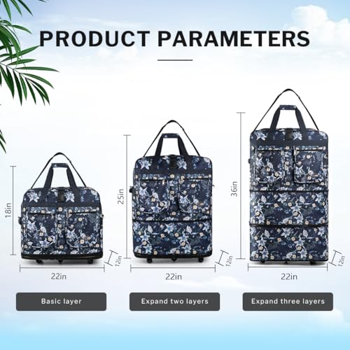 36'' Expandable Rolling Duffel Bag Suitcases w/Wheels,Foldable Luggage Bag - color: BlueLilies, size: 36"
