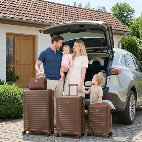KUNEL Luggage Sets 5 Pcs suitcases with Wheels, 20/24/28Inch, Brown - color: Brown