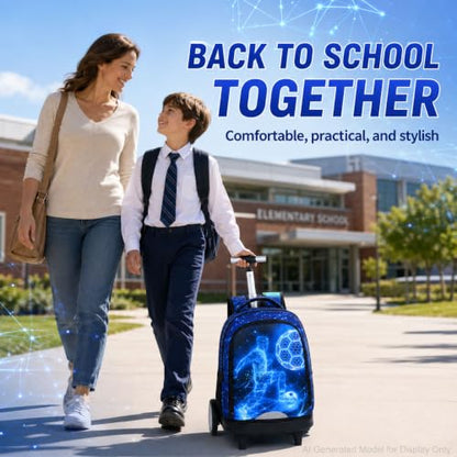 HPJGD Big-Wheel Rolling Backpack for Boys with Lunch Box & Pencil Case - 3-Pack Travel Set Featuring Tech-Style Soccer Player Design, Water-Resistant & Reflective Wheeled Bookbag for School/Trips - color: Cool Rolling Backpack Tech-style Soccer Player