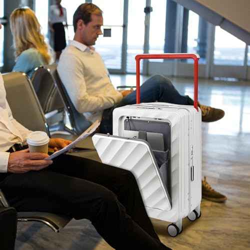 Somago Carry On Luggage Wide Handle 20 Inch Suitcase with Front Compartment Aluminum Framed PC Hardside 22x14x9 No Zipper Business Baggage with Spinner Wheels USB Charging Port TSA Lock - color: White, size: Front Open 20 inch