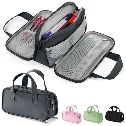 Zannaki Large Pencil Case, Big Capacity Pencil Pouch Pen Bag with 3 Compartment, Portable Canvas Stationery Organizer with Zipper, Cute Aesthetic School Supplies for Teen Girls Boys College,Gray - color: GRAY