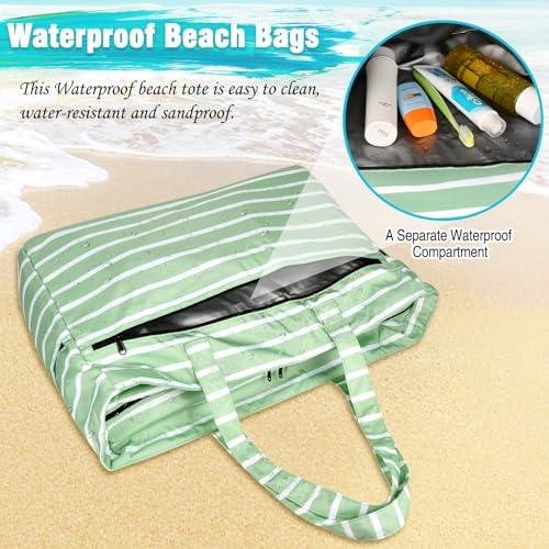 HUANLANG Extra Large Beach Bag Waterproof Beach Totes Bags for Women Men,Pool Bag with Zipper Wet Pocket - color: Light Green and White