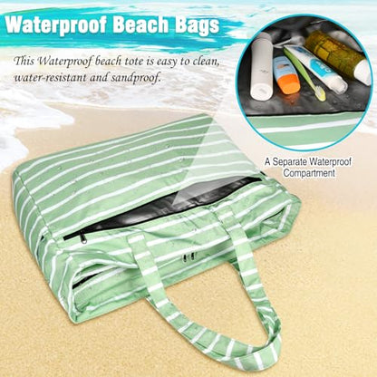 HUANLANG Extra Large Beach Bag Waterproof Beach Totes Bags for Women Men,Pool Bag with Zipper Wet Pocket - color: Light Green and White