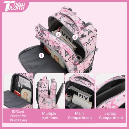 NEW TILAMI 18-Inch Rolling Backpack 6-Wheel for Kids School Travel - color: Pink Paris Cute