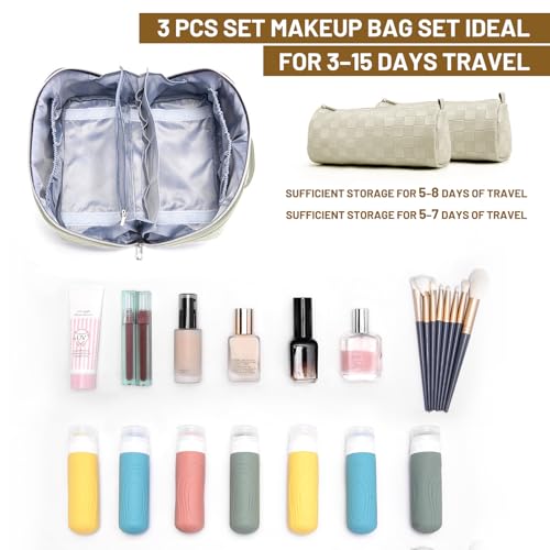 BOYATU Travel Makeup Bag Organizer: 180°Open-Flat 3 Pcs Make up Bags Set - color: 01-E-Beige