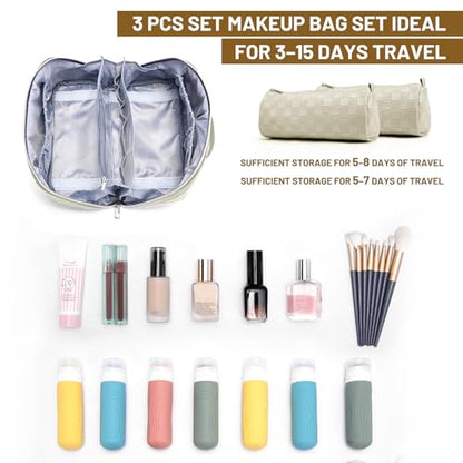 BOYATU Travel Makeup Bag Organizer: 180°Open-Flat 3 Pcs Make up Bags Set - color: 01-E-Beige
