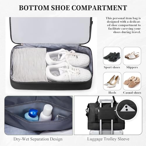 Weekender Bags for Women,Personal Item Travel Bag with Shoes Compartment - color: Black with BlackGray Toiletry Bag, size: Extra Large