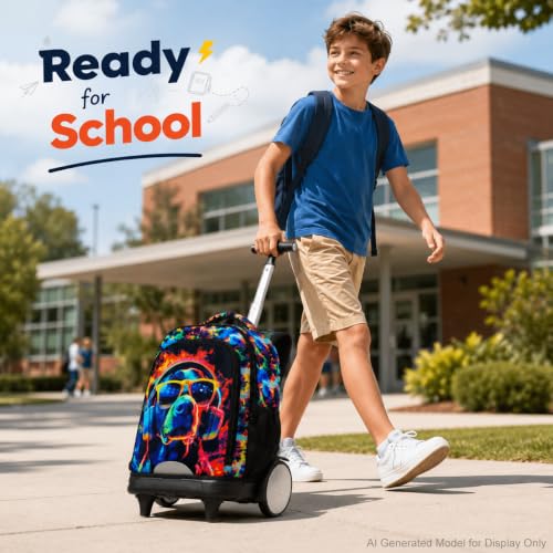 HPJGD Big-Wheel Rolling Backpack for Boys with Lunch Box & Pencil Case - 3-Pack Travel Set Featuring Cool Dog with Sunglasses Design, Water-Resistant & Reflective Wheeled Bookbag for School/Trips - color: Cool Rolling Backpack Sunglasses Dog