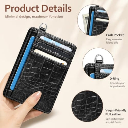 Coco Rossi Crocodile Wallet Women Slim Credit Card Holder with Keychain - color: A Black Croc