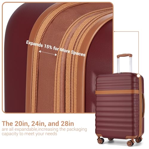 Kono 3-Piece Luggage Set 20/24/28in Expandable Hardside TSA Lock Burgundy - color: Burgundy, size: 3-piece set (20/24/28)