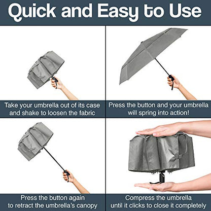 RainPlus Windproof Travel Umbrella - Compact, Automatic, Folding and Portable - Umbrellas For Rain for Men and Women - Car, Backpack, Purse, Strong & Wind Resistant - color: Gray