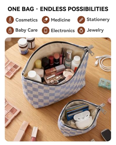 Gingham Canvas Makeup Bag Set Preppy Travel Makeup Pouch for Purse - color: Checkered Blue Canvas