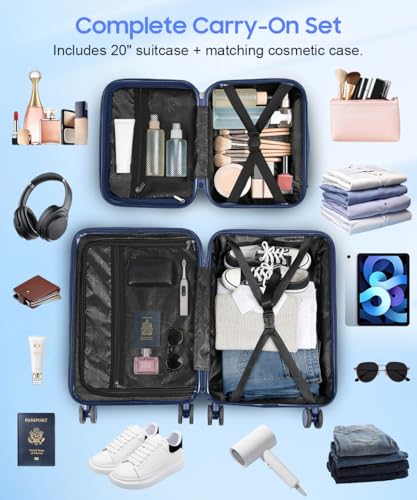 Hard Shell Luggage Set 4 Piece with Spinner Wheels, 20/24/28 Inch Suitcases with TSA Lock, 20in Carry On with Front Laptop Pocket & USB Port, Travel Suitcase Set with Cosmetic Case - color: Blue, size: 4-Piece Set (13/20/24/28)