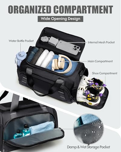 Small Gym Bag for Men, Travel Duffle Bag with Shoe Compartment - color: Black